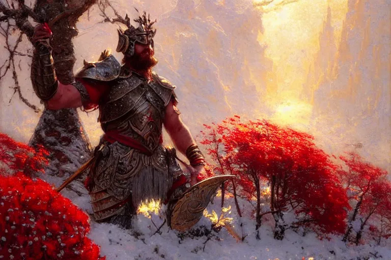 Image similar to winter, a male warrior wearing armor relaxing under a world tree with red flowers, ground covered with snow, extreme long shot, fantasy, painting by gaston bussiere, craig mullins, j. c. leyendecker, trending on artstation