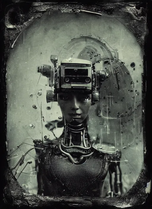 Image similar to old wetplate daguerreotype portrait of futuristic female robot in a deserted city, explosion of data fragments, fractal, intricate, elegant, highly detailed, parallax, leica, medium format, subsurface scattering, by jheronimus bosch and greg rutkowski and louis jacques mande daguerre