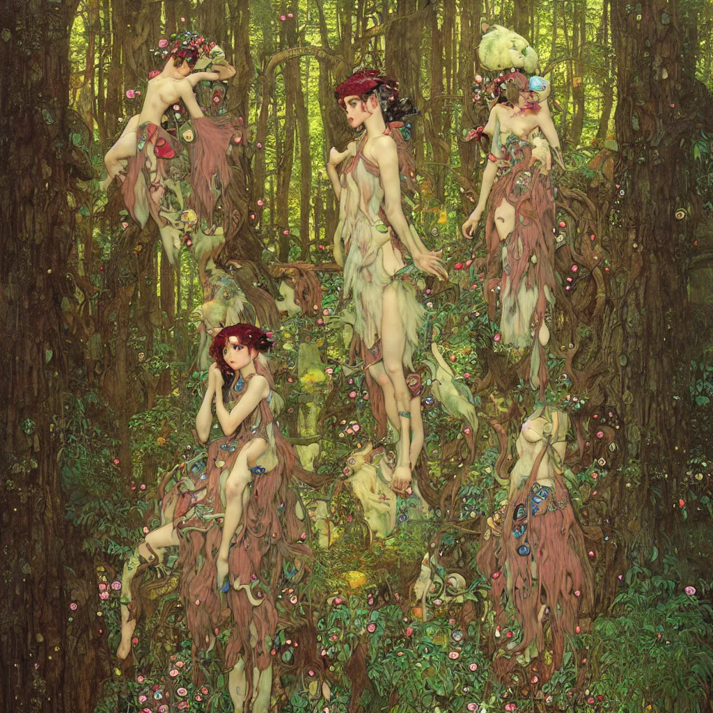 Prompt: Princess Mononoke, lush fairy forest, neon, concept art, schematics, gnarly details painted by gustav klimt, tom bagshaw, norman rockwell, mucha, james gurney, high detail, denoised, sharp, architectural