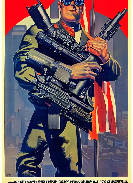 Image similar to american propaganda poster. cyberpunk heavy weapons guy. portrait by jean giraud and anton otto fischer and john philip falter and will eisner and gil elvgren