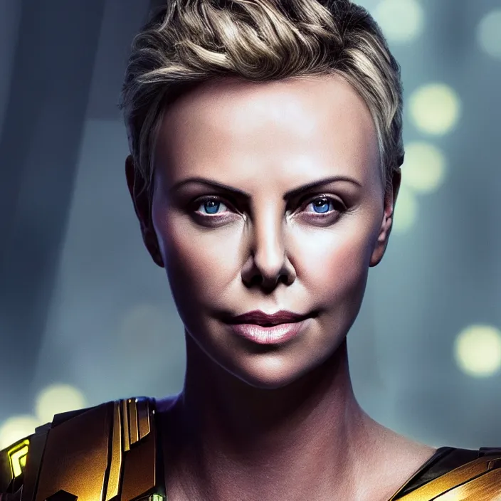 Image similar to portrait of (Charlize Theron), wearing The Infinity Gauntlet!! intricate artwork. octane render, trending on artstation, very coherent symmetrical artwork. thanos. cinematic, hyper realism, high detail, octane render, 8k, iridescent accents