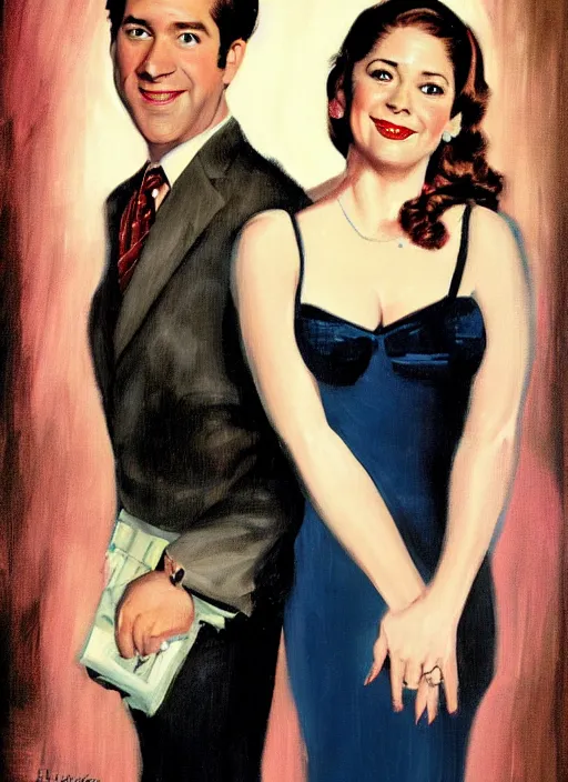 Prompt: portrait painting of jim halpert and pam beesly, dark background, in the style of gil elvgren