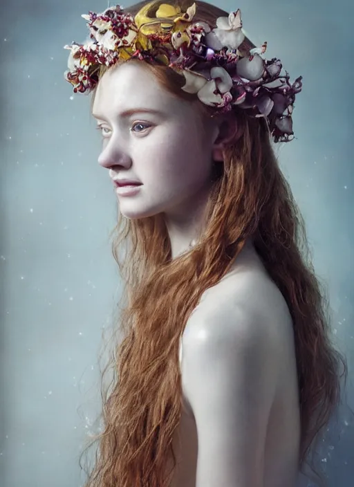 Prompt: oil on canvas portrait of ethereal ginger beauty with wavy hair an orchid floral crown, little freckles on her skin, background of silver and gold intricated mandelbug patterns, smooth, zenithal lighting, photo studio composition, by artgerm, greg rutkowski and WLUM.