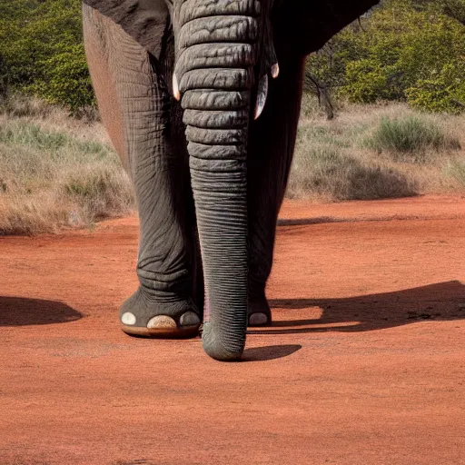 Image similar to a highly detailed panoramic photo by annie leibowitz of an elephant in the distance. the elephant is wearing red socks, 8 k, super resolution