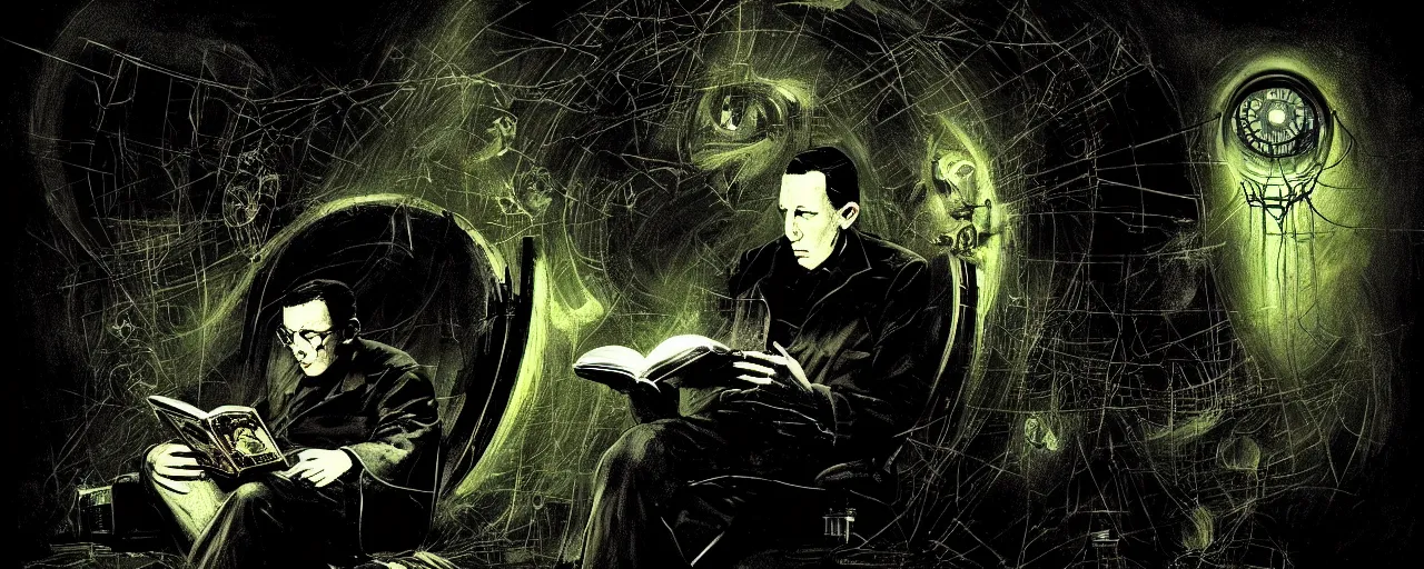 Image similar to duotone dark scifi illustration 3 / 4 portrait of hp lovecraft reading necronomicon. cinematic lighting mad scientist style. golden ratio accidental renaissance. by dave mckean. graffiti art, scifi, fantasy, hyper detailed. octane render. concept art. trending on artstation