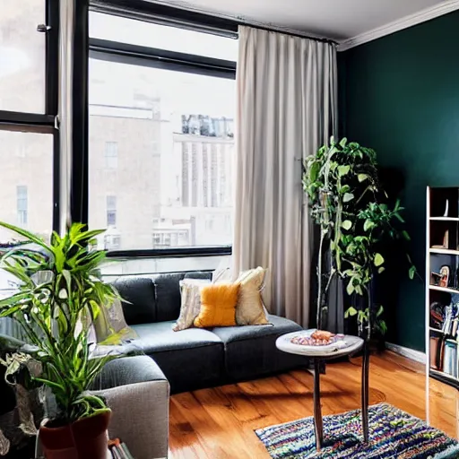 Prompt: award winning interior design city apartment, cozy and calm, fabrics and textiles, colorful accents, hardwood floors, book shelf, couch, desk, balcony door, plants, photograph magazine, wide angle