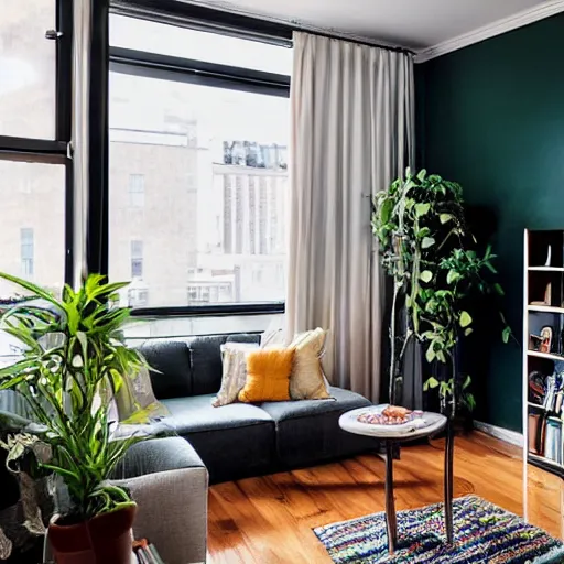 Image similar to award winning interior design city apartment, cozy and calm, fabrics and textiles, colorful accents, hardwood floors, book shelf, couch, desk, balcony door, plants, photograph magazine, wide angle