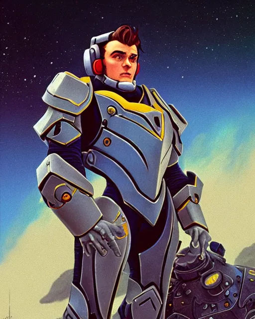 Image similar to reinhardt from overwatch, character portrait, portrait, close up, concept art, intricate details, highly detailed, vintage sci - fi poster, retro future, in the style of chris foss, rodger dean, moebius, michael whelan, and gustave dore