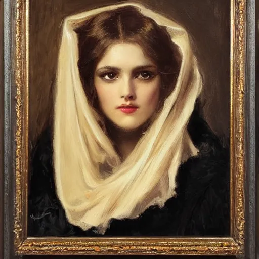 Prompt: portrait of a young women wearing a black cloak with a skull for a face, ultra realistic and highly detailed painting by gaston bussiere and j. c. leyendecker 8 k