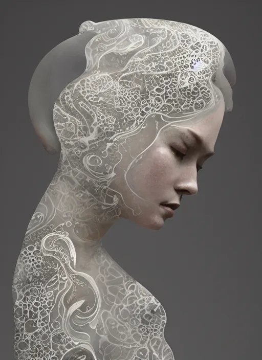 Image similar to opalescent marble sculpture of beautiful woman dissolving into shimmering dust, fractal paisley inlay, lace, intricate, elegant, highly detailed, digital photography, art by artgerm ruan jia and greg rutkowski