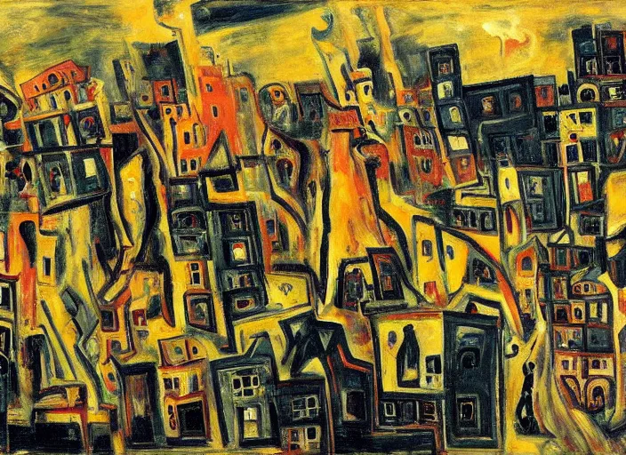 Image similar to a cityscape of chaos, houses, trees and hell in style of Chaim Soutine and Frank Auerbach and Bosch