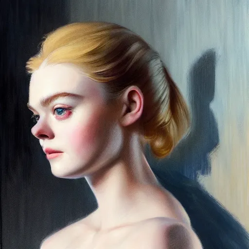 Prompt: ultra realistic head and shoulders portrait painting of elle fanning in prey, art by frank frazetta, 4 k, ultra realistic, highly detailed, epic lighting