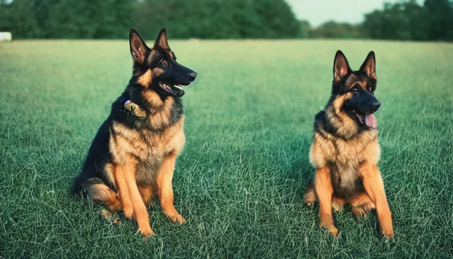 Image similar to cinematic movie still of a german shepard sitting in northwest new jersey in field, cinestill 8 0 0 t 3 5 mm a 2 4 studios, heavy grain, high quality, high detail, golden hour, warm light