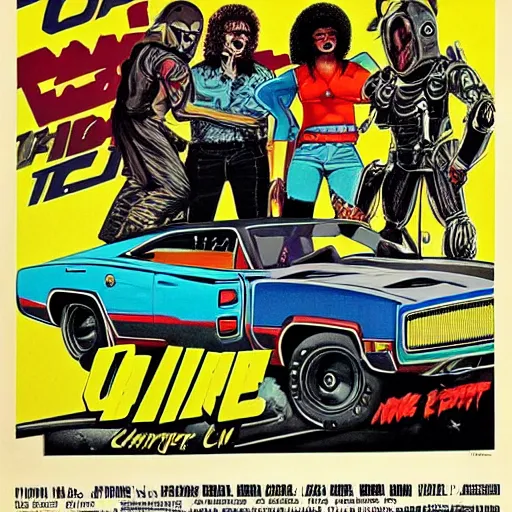 Image similar to b - movie poster, a heavily modified 1 9 7 0's dodge charger with a cow catcher and metal armor, a funky vixen with an afro, a gang of 1 9 7 0 s drug dealers, an explosion, 1 9 7 0's detroit building la