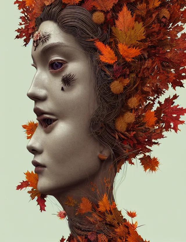 Image similar to 3 d goddess close - up profile portrait wearing a beautiful intricately detailed autumn mask, fall leaves, thistles, phoenix, dried plants, foxes, wind, creature, artwork by tooth wu and wlop and beeple and greg rutkowski