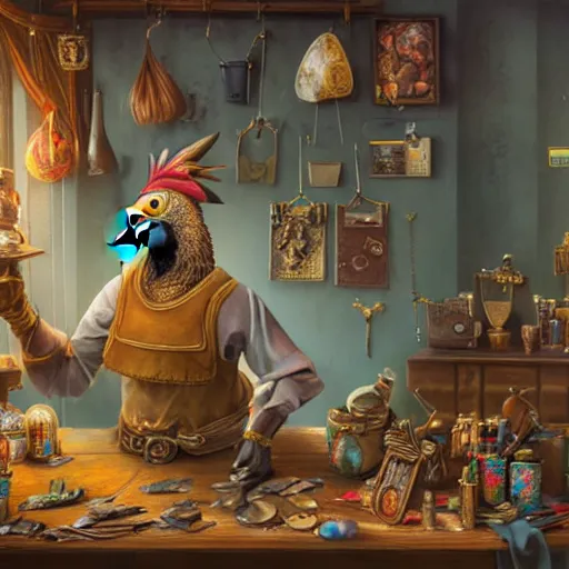 Image similar to a Anthropomorphized parrot trader in his shop, selling his wares, portrait, items, gold, carpet, window, presenting wares, holding a gold bag, D&D, fantasy, cinematic lighting, highly detailed, digital painting, artstation, concept art, smooth, sharp focus, illustration, warm light, cozy warm tint, magic the gathering artwork, volumetric lighting, 8k, art by Akihiko Yoshida, Greg Rutkowski