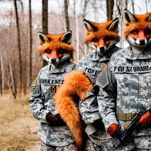 Prompt: a group of fox animals dressed in modern american military soldier uniforms, foxes animals, 8 5 mm f / 1. 4