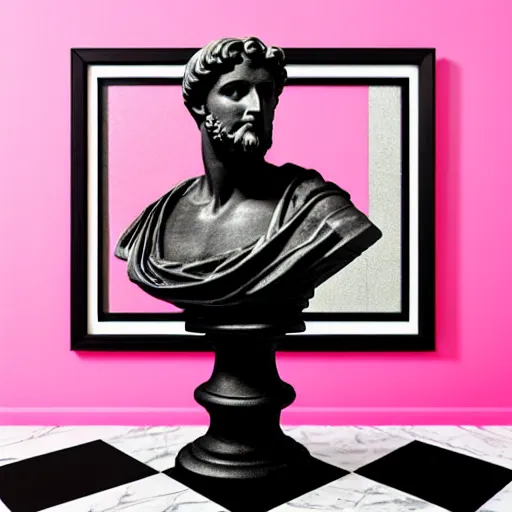 Image similar to a greco - roman marble bust sits on a pink and black checkerboard tile floor, a pink wall in the background with a framed photo of a cityscape at night
