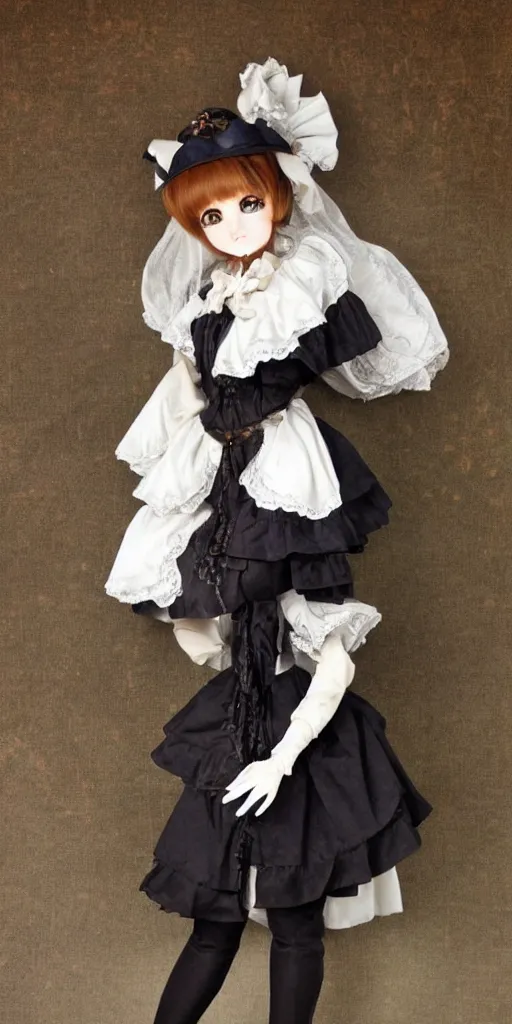 Image similar to Realistic anime doll girl in victorian suit, full lenght