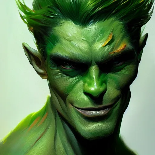 Image similar to the green goblin closeup portrait, dramatic light, lake background, 2 0 0 mm focal length, painted by stanley lau, painted by greg rutkowski, painted by stanley artgerm, digital art, trending on artstation