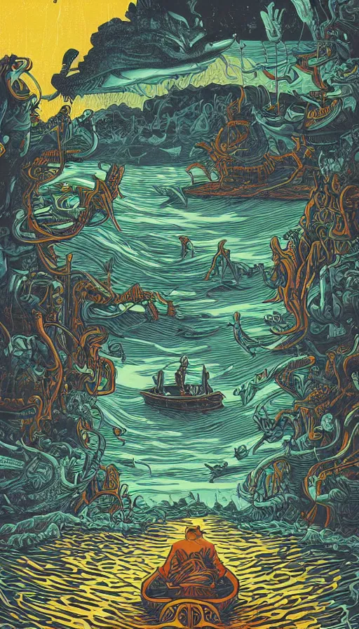 Image similar to man on boat crossing a body of water in hell with creatures in the water, sea of souls, by dan mumford