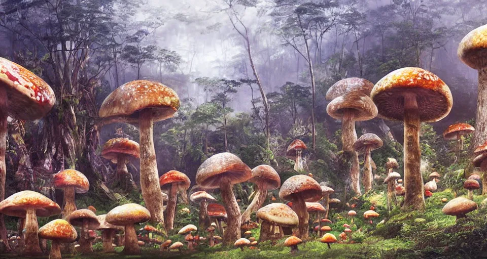 Prompt: A tribal village in a forest of giant mushrooms, by Yoshitaka Amano,