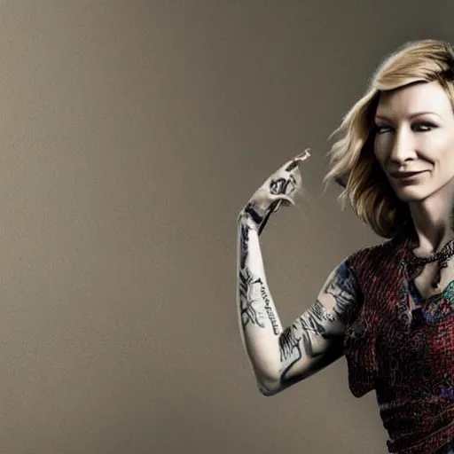 Image similar to full body tattooed cate blanchett, nose ring, 4k