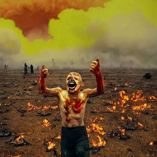 Image similar to selfie of a ukrainian screaming in pain and terrible injuries from a nuclear explosion, everything is on fire and radiation, in the background there are a lot of people like zombies, corpses and skeletons, a large nuclear explosion in the background, people are painted in yellow and blue, all dirty with severed limbs, doomsday