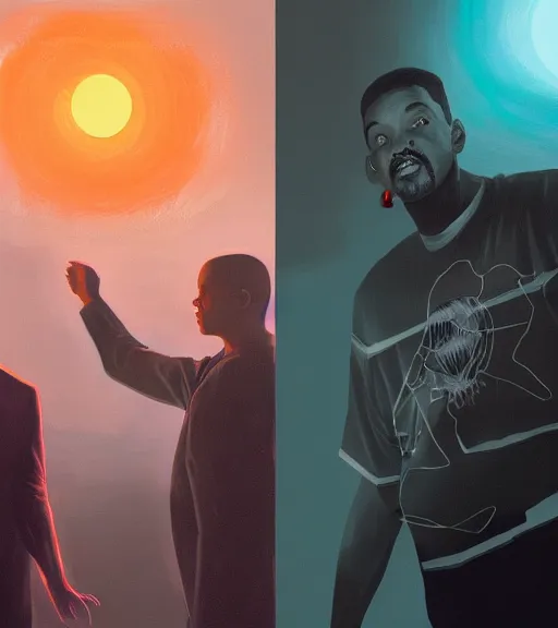 Image similar to will smith slapping elon musk, digital painting, liminal eerie midnight backlit, a picture taken by Michael Komarck and Daniel Ljunggren