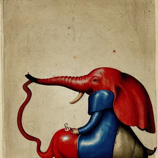 Image similar to elephant, red white blue, hieronymus bosch