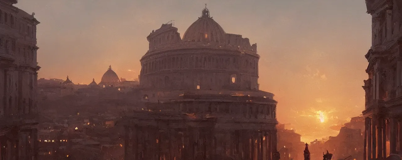 Image similar to oil painting of rome skyline at sunset, natural light, concept art, by greg rutkowski, cozy atmospheric and cinematic lighting