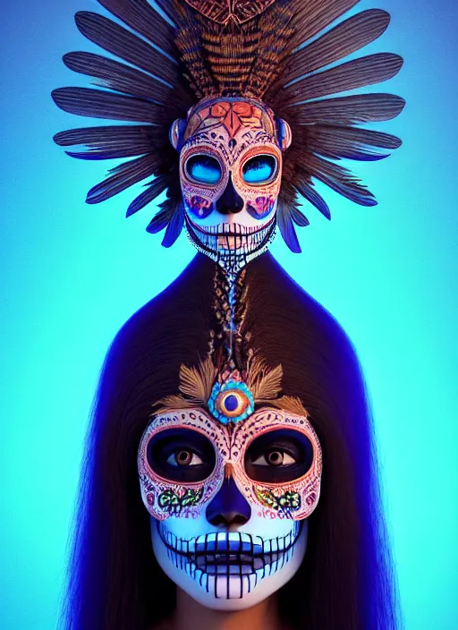 Image similar to 3 d mexican goddess profile portrait. beautiful intricate highly detailed day of the dead mask and feathers. low - key lighting, bioluminescent, plasma, lava, ice, water, wind, creature, tlahuelpuchi, artwork by tooth wu and wlop and beeple and greg rutkowski, 8 k trending on artstation,