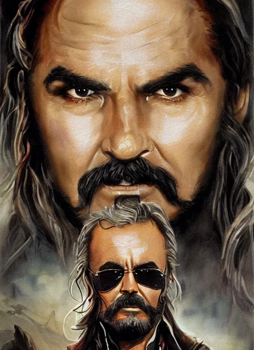 Image similar to a beautiful painting portrait movie poster of burt reynolds in Pirates of the Carribean 6, matte painting, fantasy art, dark but detailed digital art, highly detailed, a masterpiece trending on artstation. Burt Reynolds as a young but messy pirate and layabout in this HD preview poster