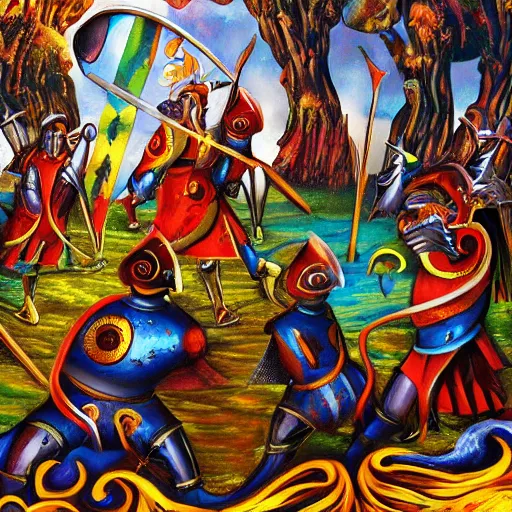 Image similar to medieval knights on a psychedelic trip having a sword fight, surrealism, 4k