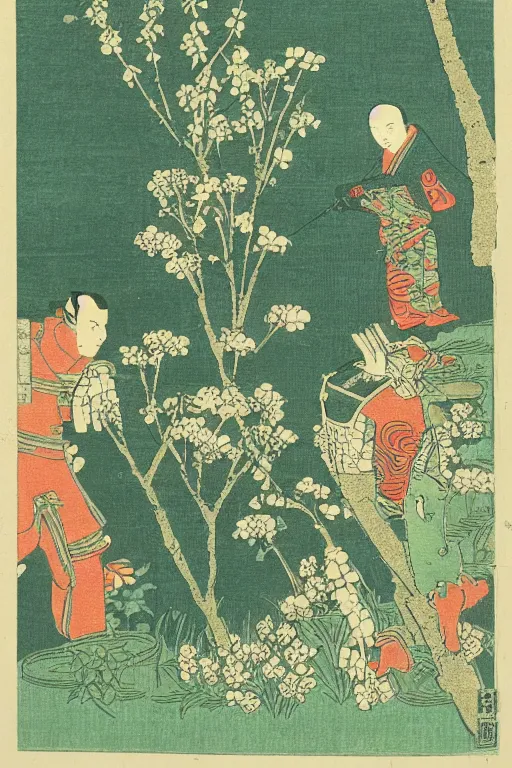 Prompt: Japanese woodblock print of a garden robot