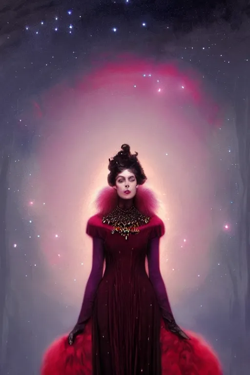 Image similar to Nocturne, glowing, stars, a portrait of a beautiful female shadow djinn creature with long fur collar, highly detailed, mysterious, ethereal, dressed in red violet velvet, haute couture, illustration, dramatic lighting, soft details, painting, by Edmund Blair Leighton, Brom, Charlie Bowater, trending on artstation, faces by Tom Bagshaw, otto schmidt