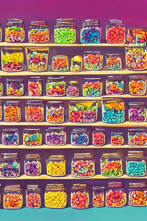 Image similar to magical, mystical shop full of jars of sweets, rainbow gouache