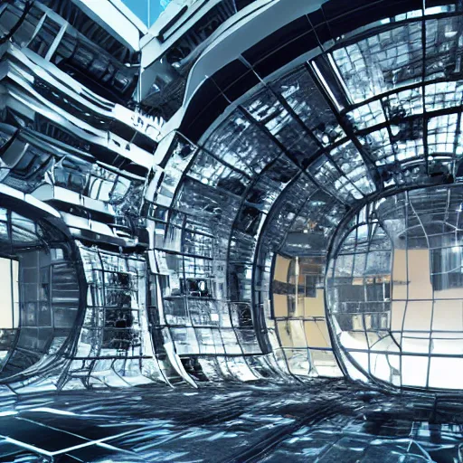 Image similar to photo of a futuristic research facility, destroyed by a failed experiment with multidimensional portals, fire, scientist, monsters,