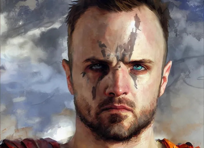 Image similar to a highly detailed beautiful portrait of jesse pinkman as kratos, by gregory manchess, james gurney, james jean