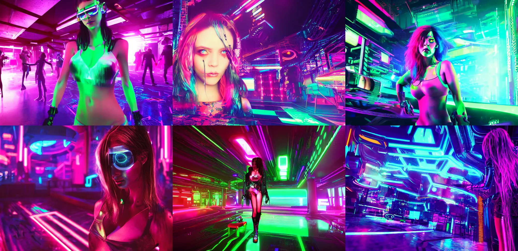 Prompt: Cyberpunk rave girl in a busy neon nightclub, realistic, highly detailed digital art, 8k Octane