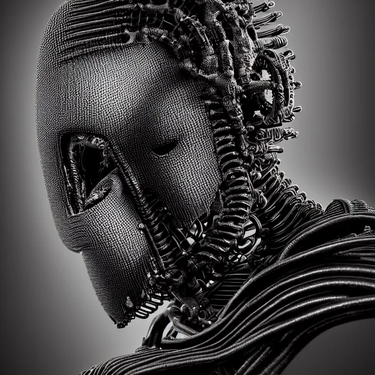 Prompt: portrait of beautiful man wearing black exoskeleton ribbed mechanical black mask covered with ribbed spinal tubes, wastelands, baroque painting, beautiful intricate insanely detailed octane render, artstation, 8 k artistic harsh flash photography, photorealistic, volumetric perfect light, chiaroscuro, beeple, annie liebovitz, raphael, caravaggio, rutkowski