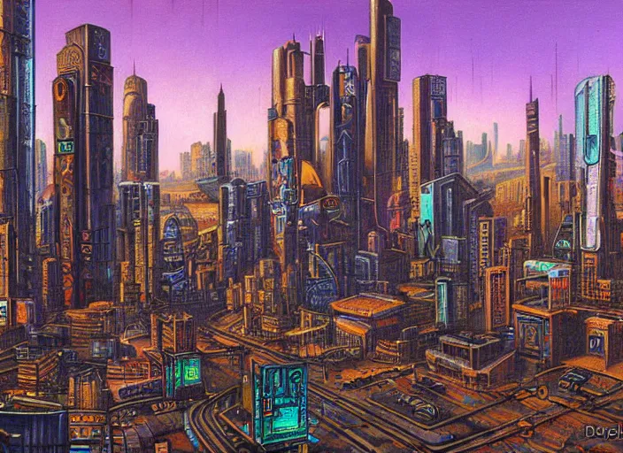 Image similar to a stone age cyberpunk cityscape by vladimir tretchikoff