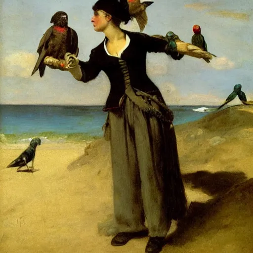 Image similar to female pirate with many parrots. Oil painting by Gustave Courbet, Jules Breton, Jean-François Millet, Émile Friant