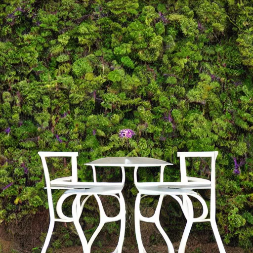 Prompt: delicate, chairs, garden, paved, botanic photography, iridescent, 8 k, realistic shaded, fine details, artstation, italian, iron gate, tree, mediterranean