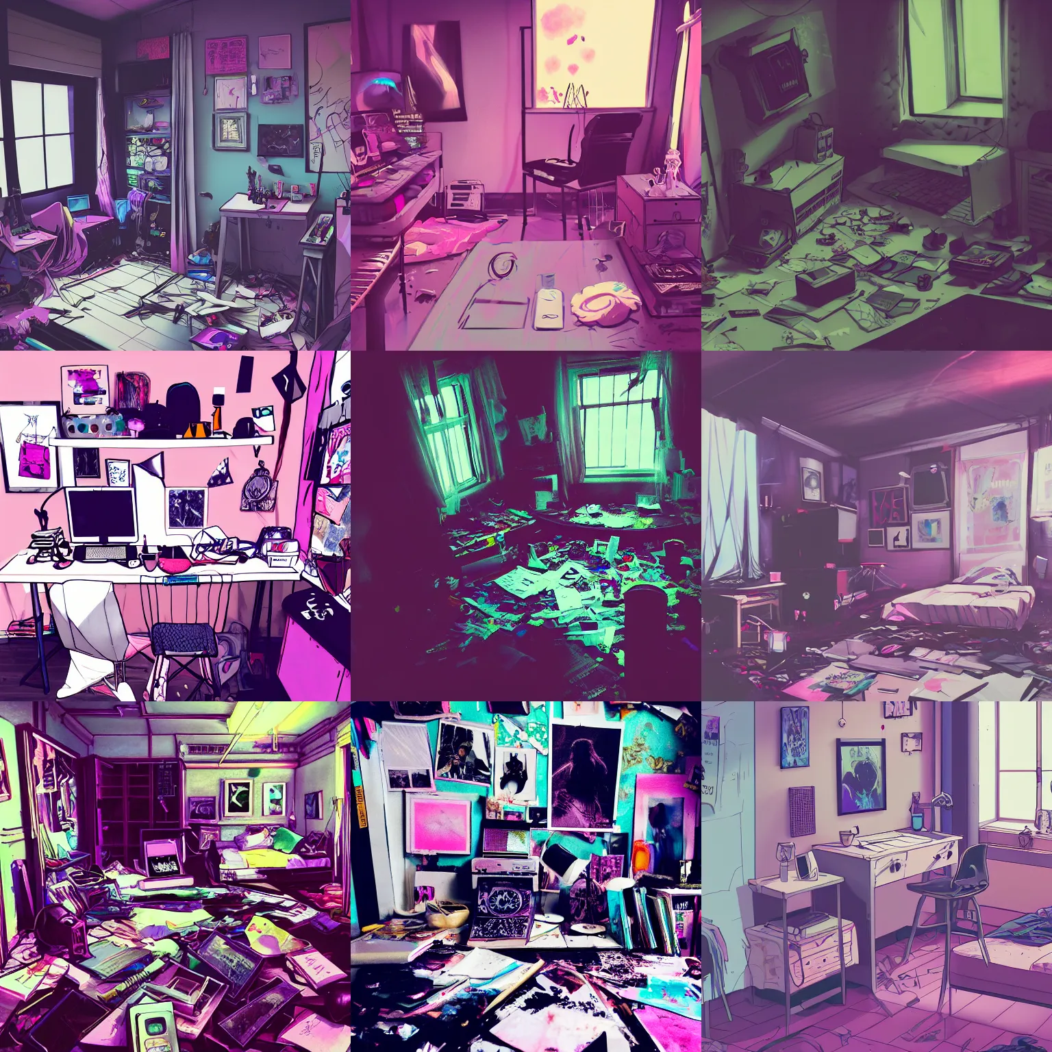 Prompt: photography of a messy room, pastel goth aesthetic, high contrast, vaporwave, sharp details, intricate details, hd anime, trending on artstation