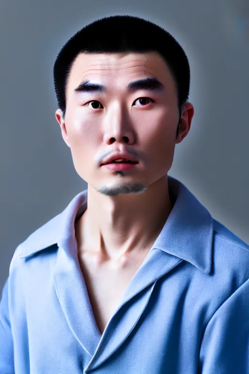 Image similar to high quality 35mm photo handsome very expressive translucent chinese man with highly detailed eric zener elson peter cinematic blue lighting high angle hd 8k sharp shallow depth of field