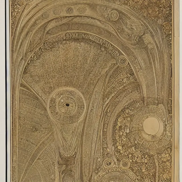 Image similar to detailed, intricate technical drawings on parchment from 1 8 4 0, accented with color, with labels and notes, for a beautiful, symmetric, art deco plotter printer, by ron cobb and alphonse mucha