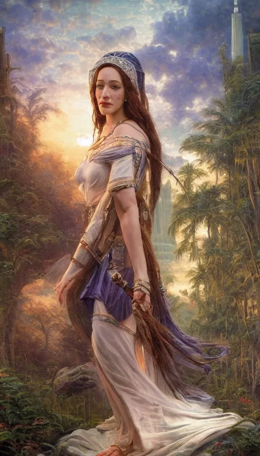 Prompt: Concept Art of cinematography of Terrence Malick film stunning portrait of featuring Kat Dennings as an ancient babylonian priestess, by Thomas Kindkade, masterpiece, Met, award winning, incredible, perfect structure