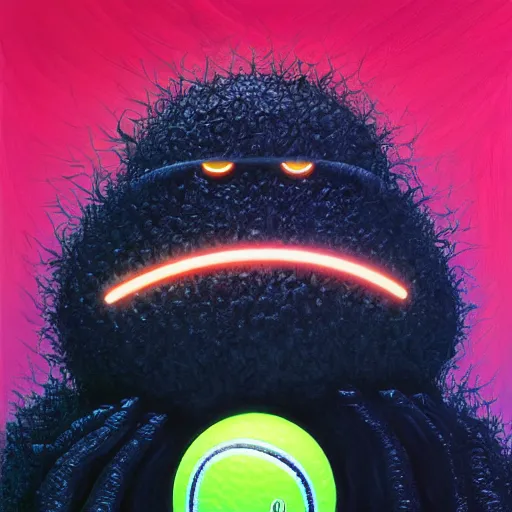 Prompt: a tennis ball monster starring into the camera, fixed eyes, flowing black coat with glowing neon orange trim, inside a museum, colorful, surreal, dramatic lighting, face, detailed, intricate, elegant, highly detailed, digital painting, artstation, concept art, smooth, sharp focus, illustration, art by sam spratt, dan mumford, artem demura and alphonse mucha