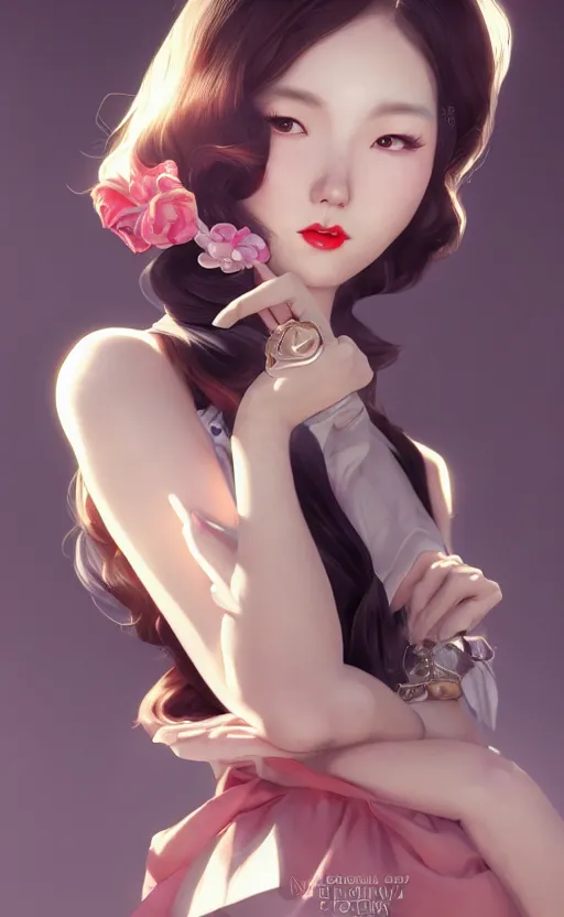 Image similar to a pin up and beautiful fashion charming dreamlke korea girl with lv jewelry, character art, art by artgerm lau and kyoung hwan kim and and ilya kuvshinov and john singer sargent, hyperdetailed, 8 k realistic, symmetrical, frostbite 3 engine, cryengine, dof, trending on artstation, digital art